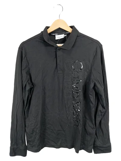 Calvin Klein Herren Langarm Poloshirt Schwarz Logo-Print Gr. M