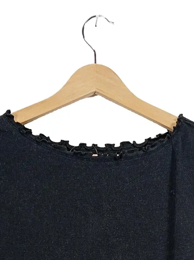 Anna Field Damen T-Shirt Gr. M Schwarz Rippstrick Rüschen Feminin
