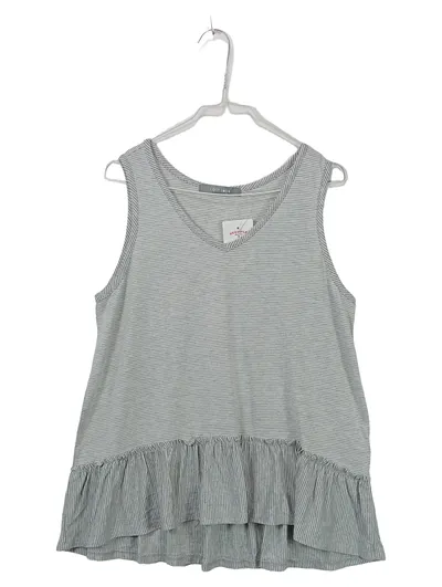COIN 1804 Damen Top L Gestreift Rüschen Ärmellos Casual Grau Polyester