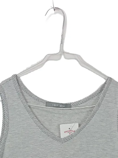 COIN 1804 Damen Top L Gestreift Rüschen Ärmellos Casual Grau Polyester