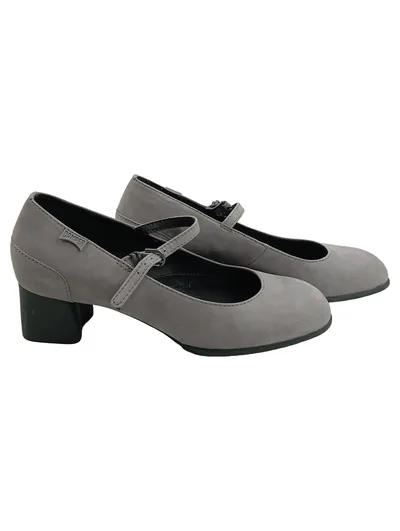 Camper Damen Mary Jane Pumps Grau Leder Gr. 38 Blockabsatz Riemchen