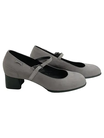 Camper Damen Mary Jane Pumps Grau Leder Gr. 38 Blockabsatz Riemchen