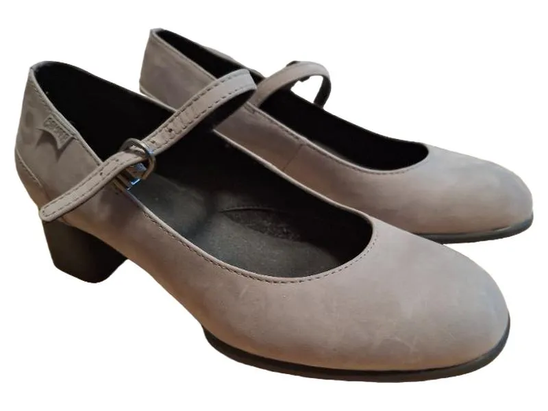 Camper Damen Mary Jane Pumps Grau Leder Gr. 38 Blockabsatz Riemchen 3