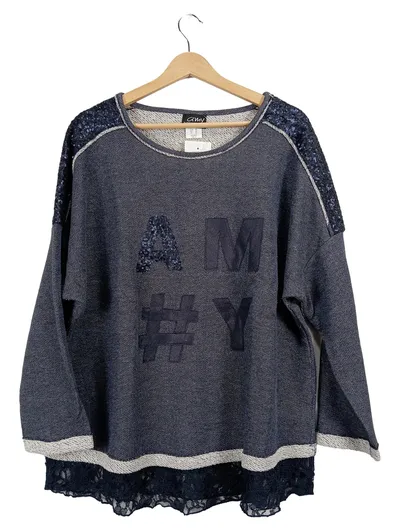 Amy Vermont Damen Pullover Grau Schriftzug Pailletten Spitze Gr. 48