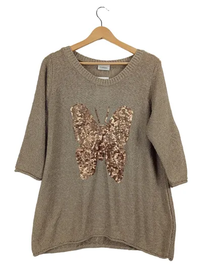 Canda Damen Pullover 3/4 Arm Tiermotiv Pailletten Beige Gr. 46 3XL