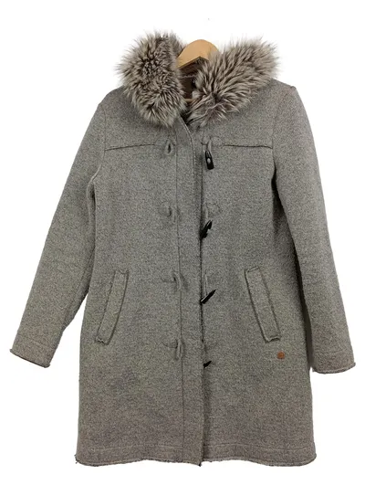 CMP Damen Strickjacke Wolle Grau Meliert Gr. L/42 Kapuze Fellbesatz