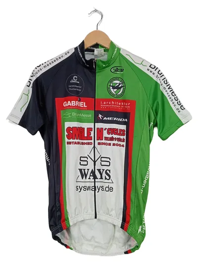 Radtrikot Kurzarm Herren Gr. S Schwarz Grün Weiß Sponsoren-Print