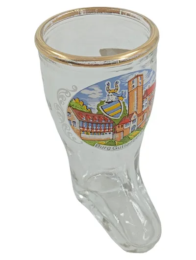 E&A Böckling Schnapsglas Stiefel Burg Guttenberg Souvenir Glas Gold