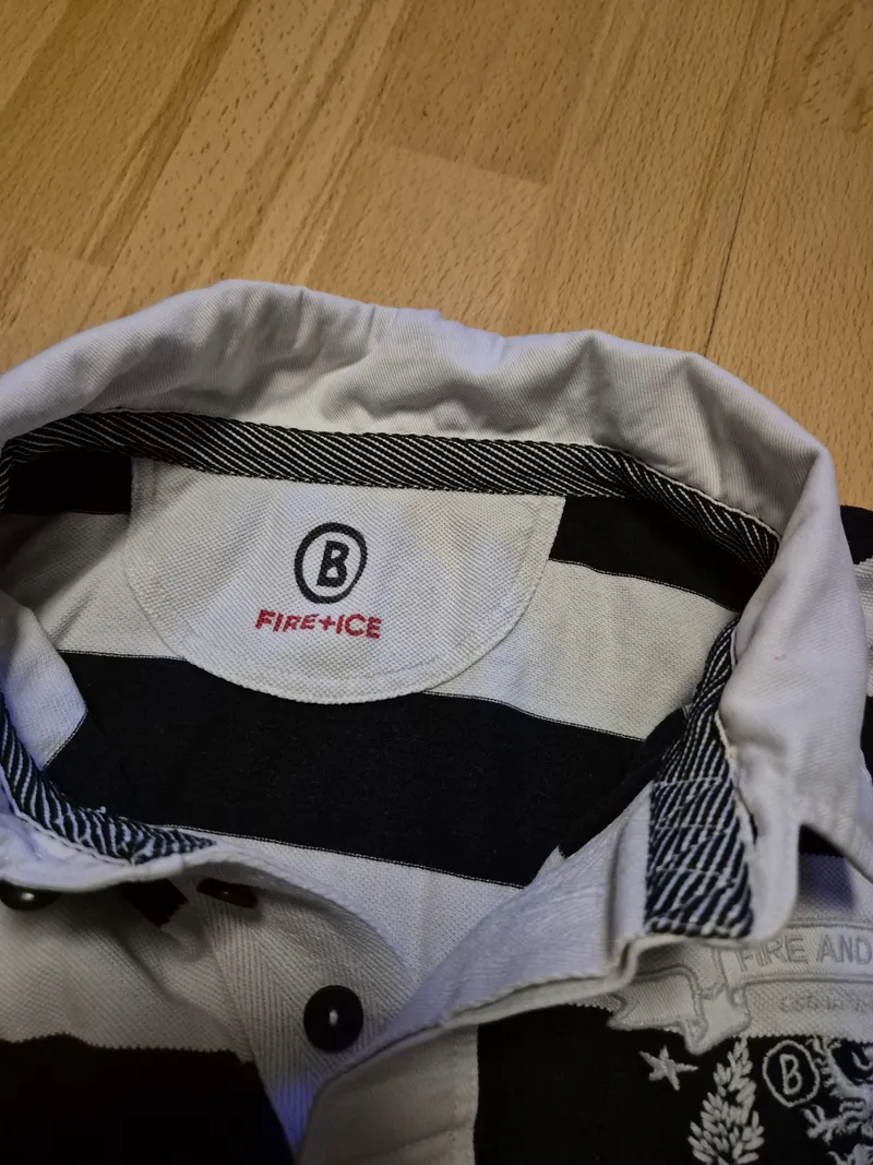 BOGNER FIRE+ICE Poloshirt Herren Gr. L gestreift Weiß Blau Wappen 3
