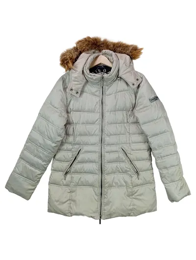 Frieda & Freddies Damen Steppjacke Kapuze Fellbesatz Beige Gr. M