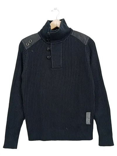 4WARDS Herren Pullover Rippstrick Stehkragen Langarm Schwarz Gr. S