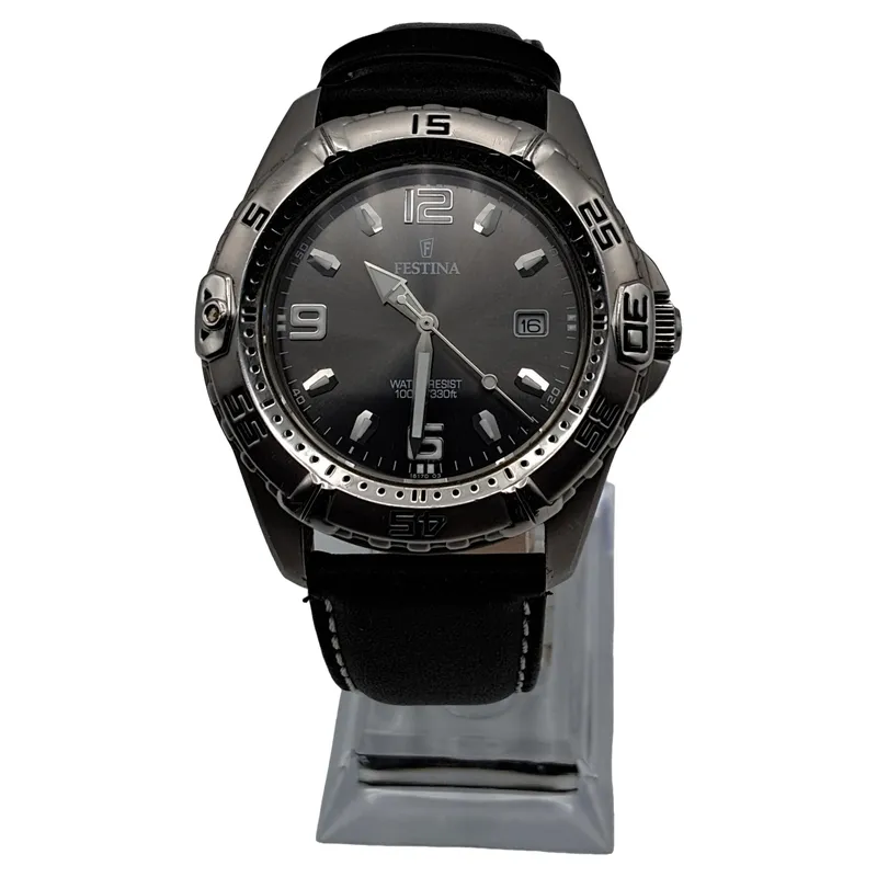 Festina Herrenuhr 16170 Sportuhr Edelstahl Schwarz Lederband 100m 1
