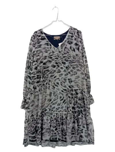 Cartoon Tunikakleid Damen Gr. 42 XL Viskose Grau Animal Print Rüschen