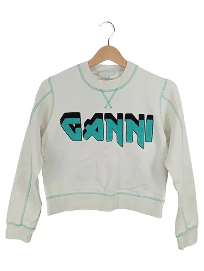 GANNI Damen Sweatshirt Pullover Logo Cropped Gr. XXS Beige Türkis