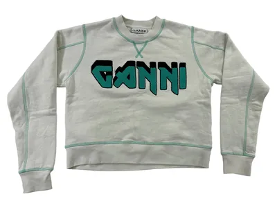 GANNI Damen Sweatshirt Pullover Logo Cropped Gr. XXS Beige Türkis