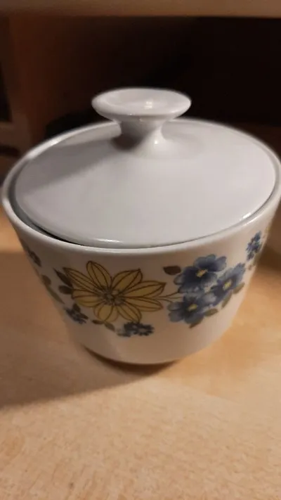 KAHLA Zuckerdose mit Deckel Porzellan Blumenmuster Gelb Blau Vintage