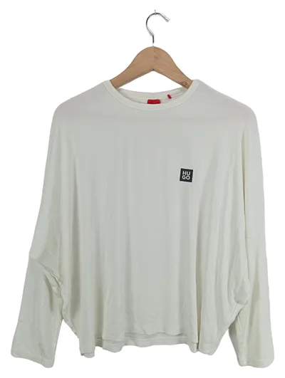 HUGO Damen Langarmshirt Weiß Gr. XS Lyocell Logo Casual Rippstrick