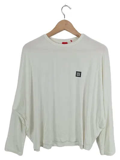 HUGO Damen Langarmshirt Weiß Gr. XS Lyocell Logo Casual Rippstrick