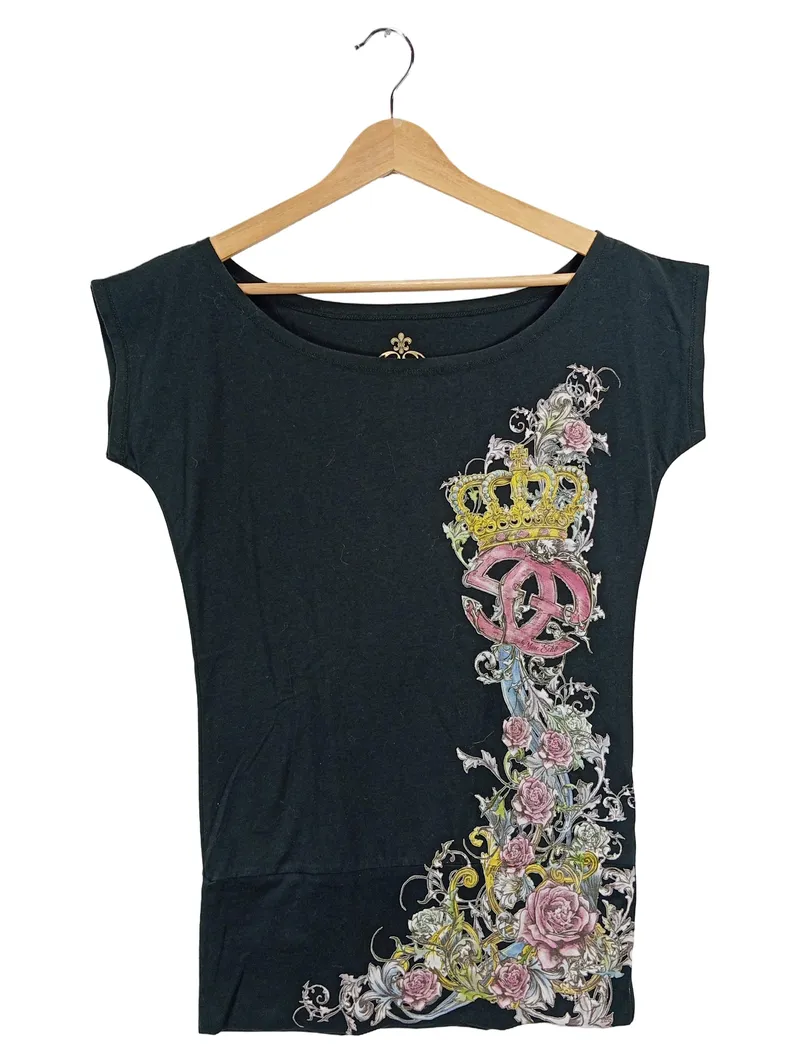 Marc Ecko Damen T-Shirt XS Schwarz Blumen Kronen Print Streetwear 1