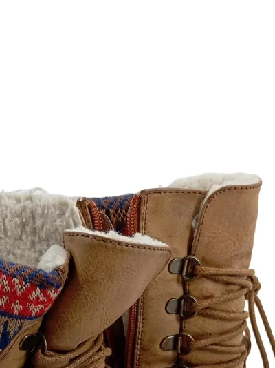 Rieker Damen Leder Stiefel Gr. 40 Braun Ethno Fellbesatz Winter Schnür
