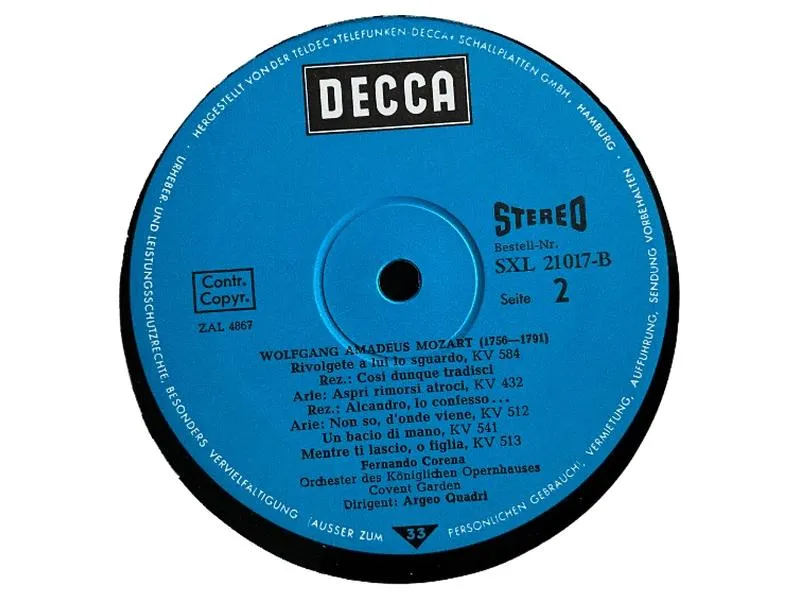 Mozart Arien Vinyl LP – Decca SXL 21017 – Fernando Corena – Stereo 1