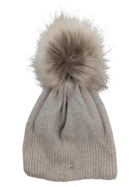 ACHTI Damen Strickmütze Beige mit Fellbommel Wintermütze Made in Poland 1