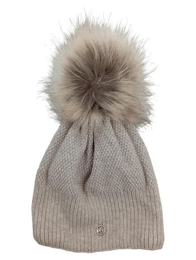ACHTI Damen Strickmütze Beige mit Fellbommel Wintermütze Made in Poland