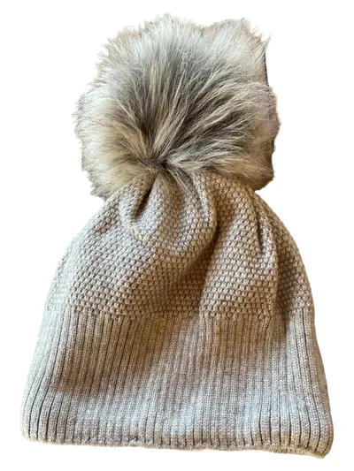 ACHTI Damen Strickmütze Beige mit Fellbommel Wintermütze Made in Poland