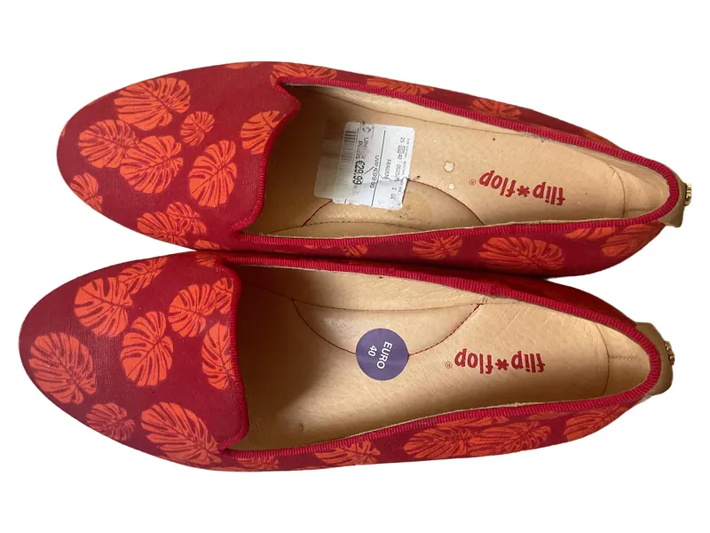 flip*flop Damen Slipper Loafer Gr. 40 Rot Orange Monstera Blätter Textil 2