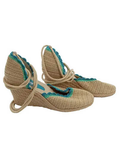 BEE.FLY Espadrilles Keilabsatz Damen Gr. 38 Beige Türkis Häkel Bohemian