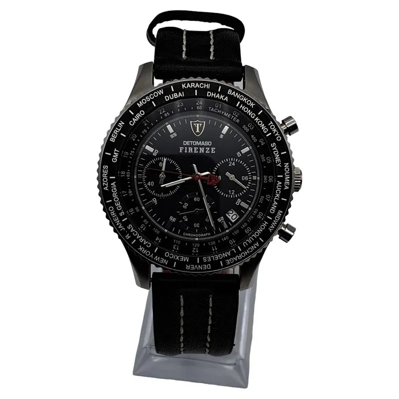 DETOMASO Firenze Herren Chronograph Armbanduhr Schwarz Leder Weltzeit 1