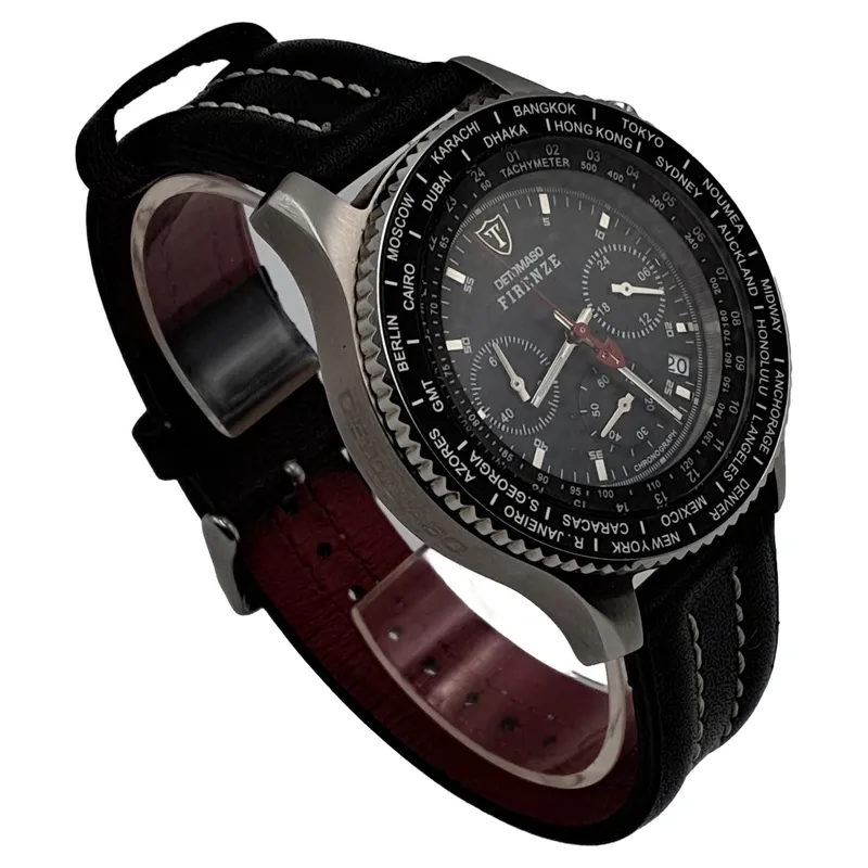 DETOMASO Firenze Herren Chronograph Armbanduhr Schwarz Leder Weltzeit 2