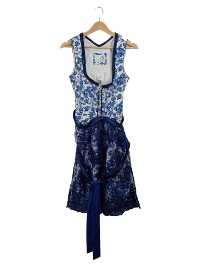 Alpenfee Dirndl Trachtenkleid Damen Gr. 40 Blau Weiß Blumenmuster Spitze