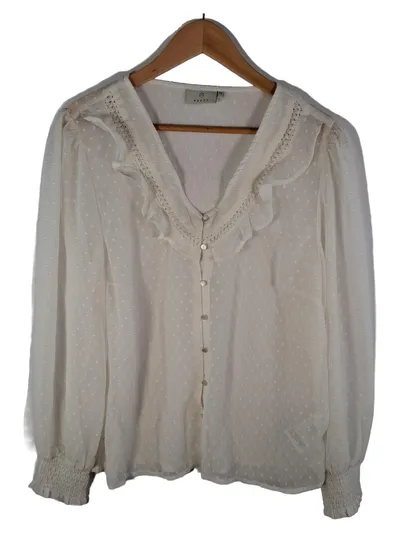 KAFFE Bluse Damen Langarm Romantisch Rüschen Spitze Weiß Gr. 42