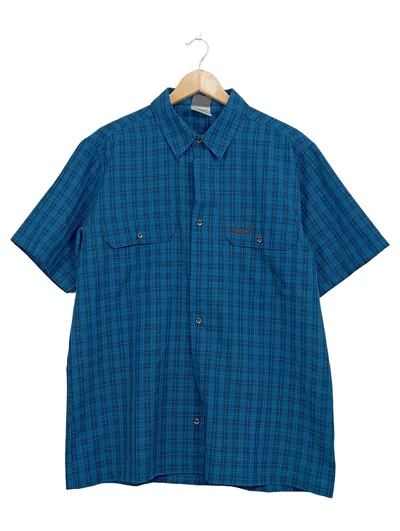 Jack Wolfskin Herren Hemd Kurzarm Gr. M Blau Kariert Outdoor Polyester