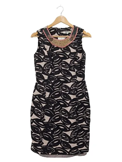 Clements Ribeiro Etuikleid Damen Gr. M/38 Schwarz Beige Perlenbesatz