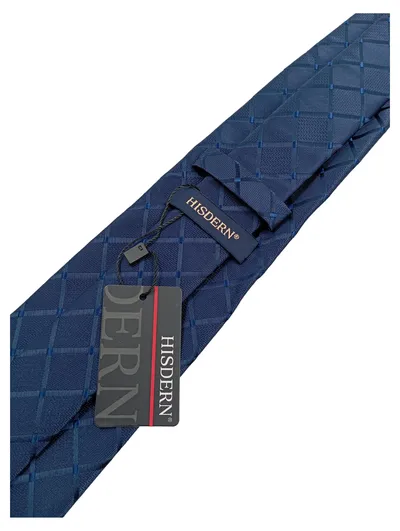 HISDERN Krawatte und Einstecktuch Herren Blau Kariert Elegant Business