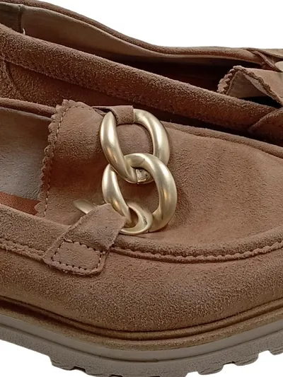 Tamaris Damen Loafer Slipper Gr. 39 Beige Wildleder Kette Gold