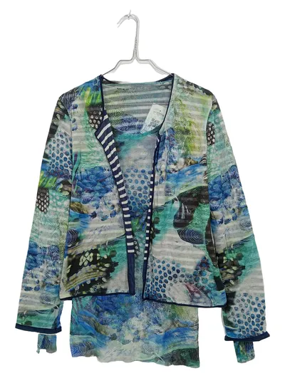 Marc Cain Damen Twin Set Gr. 38 Cardigan Top Meeresprint Blau Grün Abstrakt