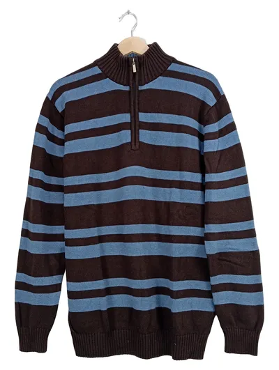 Kitaro Herren Pullover XL Braun Blau Gestreift Troyer Reißverschluss Baumwolle
