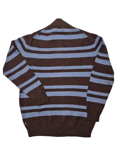 Kitaro Herren Pullover XL Braun Blau Gestreift Troyer Reißverschluss Baumwolle