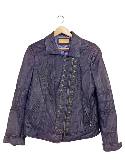 BiBA Damen Lederjacke Lila Gr. 40/L Vintage Zierknöpfe Bikerjacke