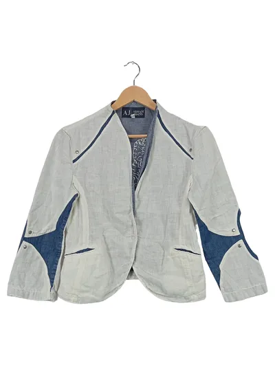 Armani Jeans Damen Blazer Jacke Hanf Leinen Denim Gr. 42 Beige Blau
