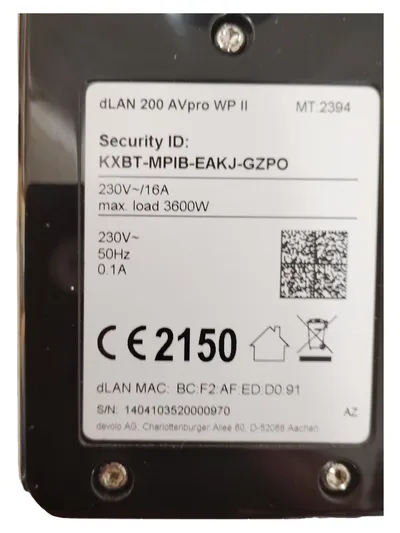 devolo dLAN 200 AVpro WP II Powerline Adapter Schwarz 200 Mbit/s