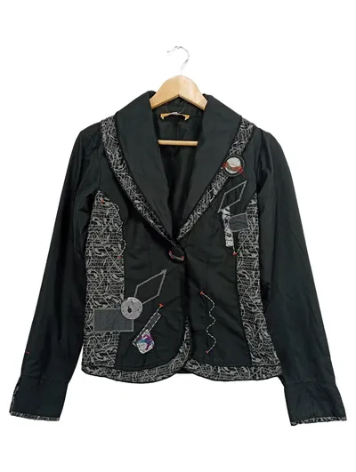 Crisca Blazer Damen Vintage S 36 Schwarz Abstrakt Applikationen Langarm