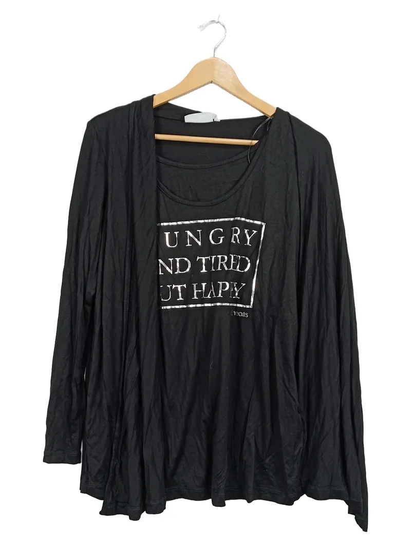 2hearts Damen Langarmshirt Gr. 40 Schwarz Hungry Tired Happy Cardigan 1