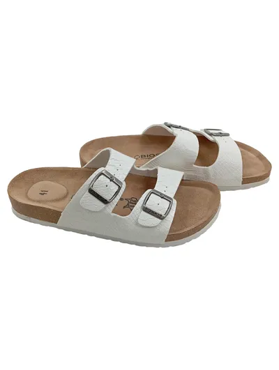 Biosoft Pantoletten Damen Gr. 41 Weiß Schnallen Kork Fußbett Comfort