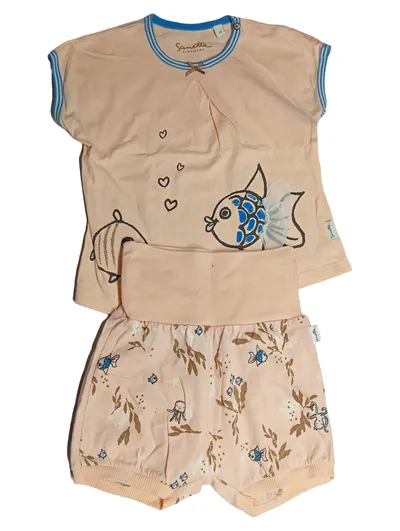 Sanetta Baby Set Gr. 74 Shirt Shorts Baumwolle Tiermotiv Beige Rüschen
