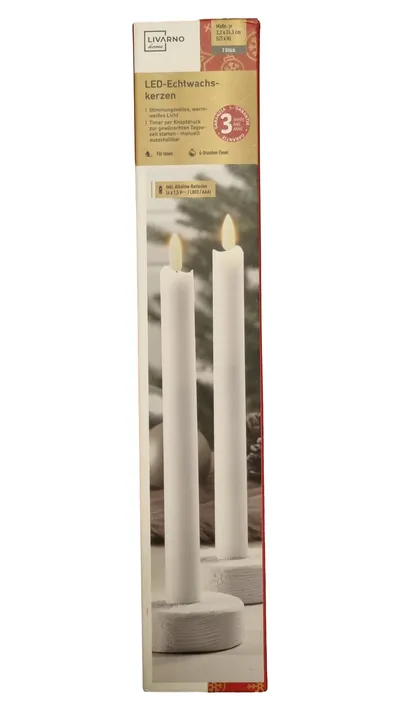 LIVARNO home LED-Echtwachskerzen 2er Set Weiß 24,5cm Timer warmweiß