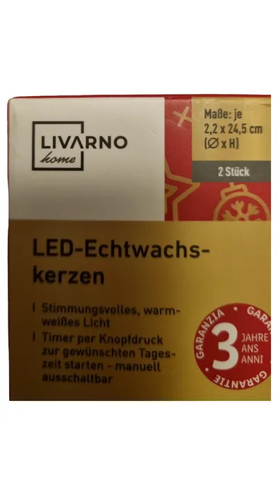 LIVARNO home LED-Echtwachskerzen 2er Set Weiß 24,5cm Timer warmweiß